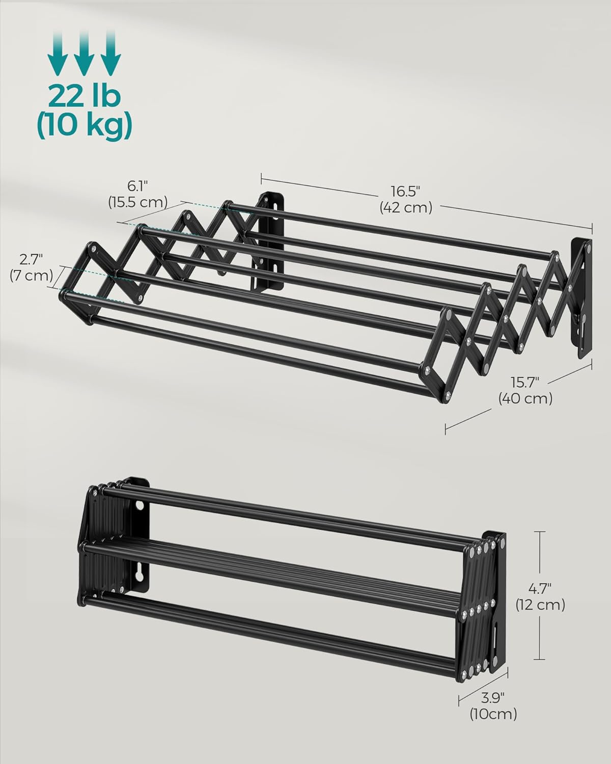 SONGMICS Clothes Drying Rack, Wall-Mounted Drying Rack Clothing, Small Accordion Laundry Rack, 9 Staggered Hanging Rods, Expandable and Retractable, Ink Black ULLR802B01