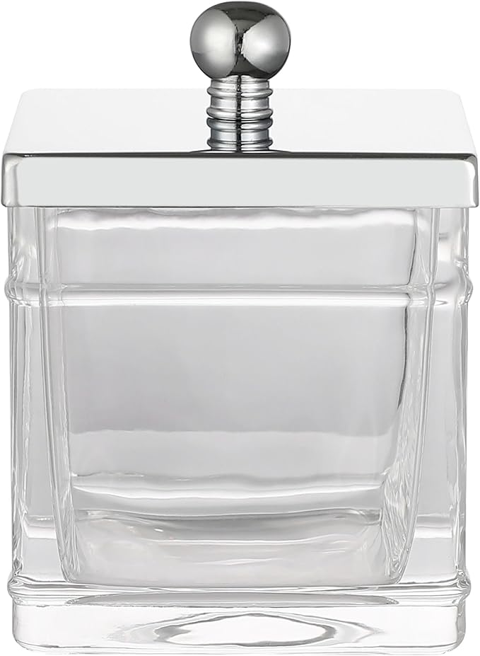 Apothecary Glass Cotton Jar Holder Silver Stainless Steel Lid, Elegant Bathroom Storage Canister for Qtips, Cotton Balls, Floss, Makeup Organizer, Vanity Bathroom Organization