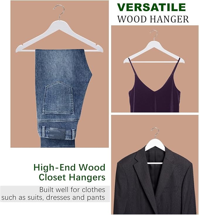 Amber Home White Wooden Hangers 30 Pack - Coat Hangers With Non-Slip Pant Bar for Shirts, Jackets, Dress