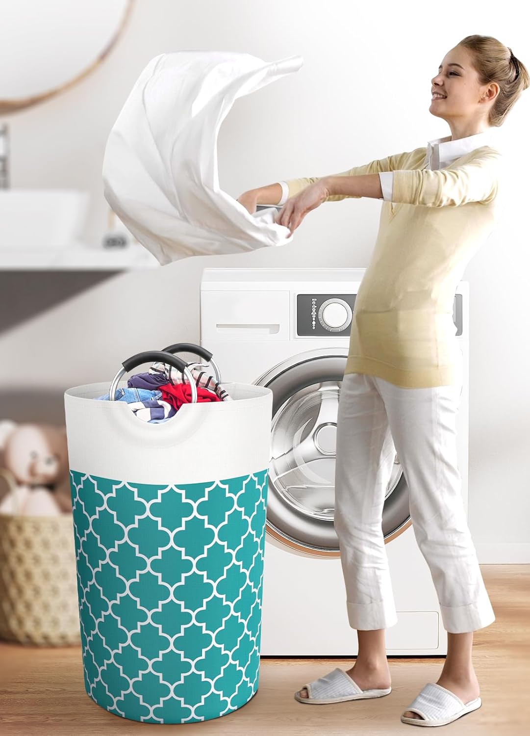 Large Laundry Basket Laundry Hamper Bag Washing Bin Clothes Bag Collapsible Tall With Handles Waterproof Travel Bathroom College Essentials Storage For College Dorm, Family (Green)82L