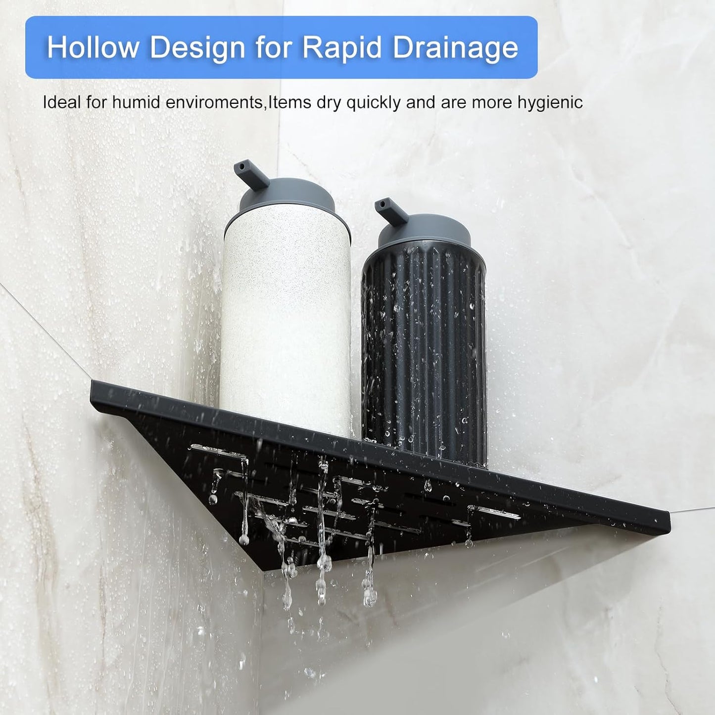 MENATT 10" No Drilling Corner Shower Shelf (2-Pack) – Recessed Stainless Steel Shower Caddy for Tiled Walls, 304 Steel Bathroom Shelves, Wall Mounted Triangular Organizer(Matte Black)