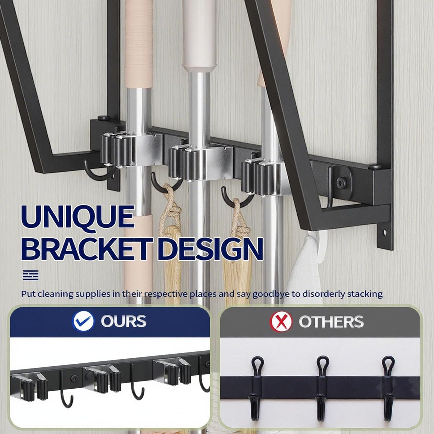 Wall-mounted broom and mop storage rack, equipped with mop, broom hanger and grab hooks for cleaning supplies, suitable for kitchens, laundry rooms, garages, utility rooms, closets, etc.