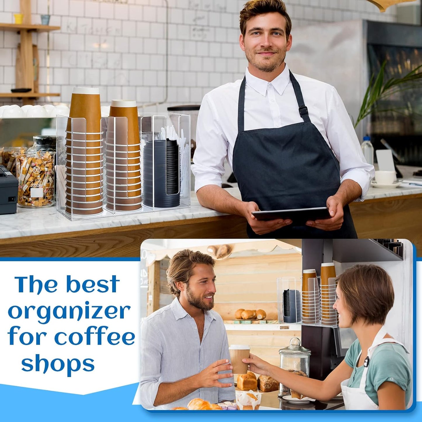 Cunhill 3 Compartments Acrylic Coffee Cup Dispenser Organizer Paper Cup Lid Sleeve Holder Organizer Coffee Shop Supplies Holder Storage for Counter Wall(Clear)