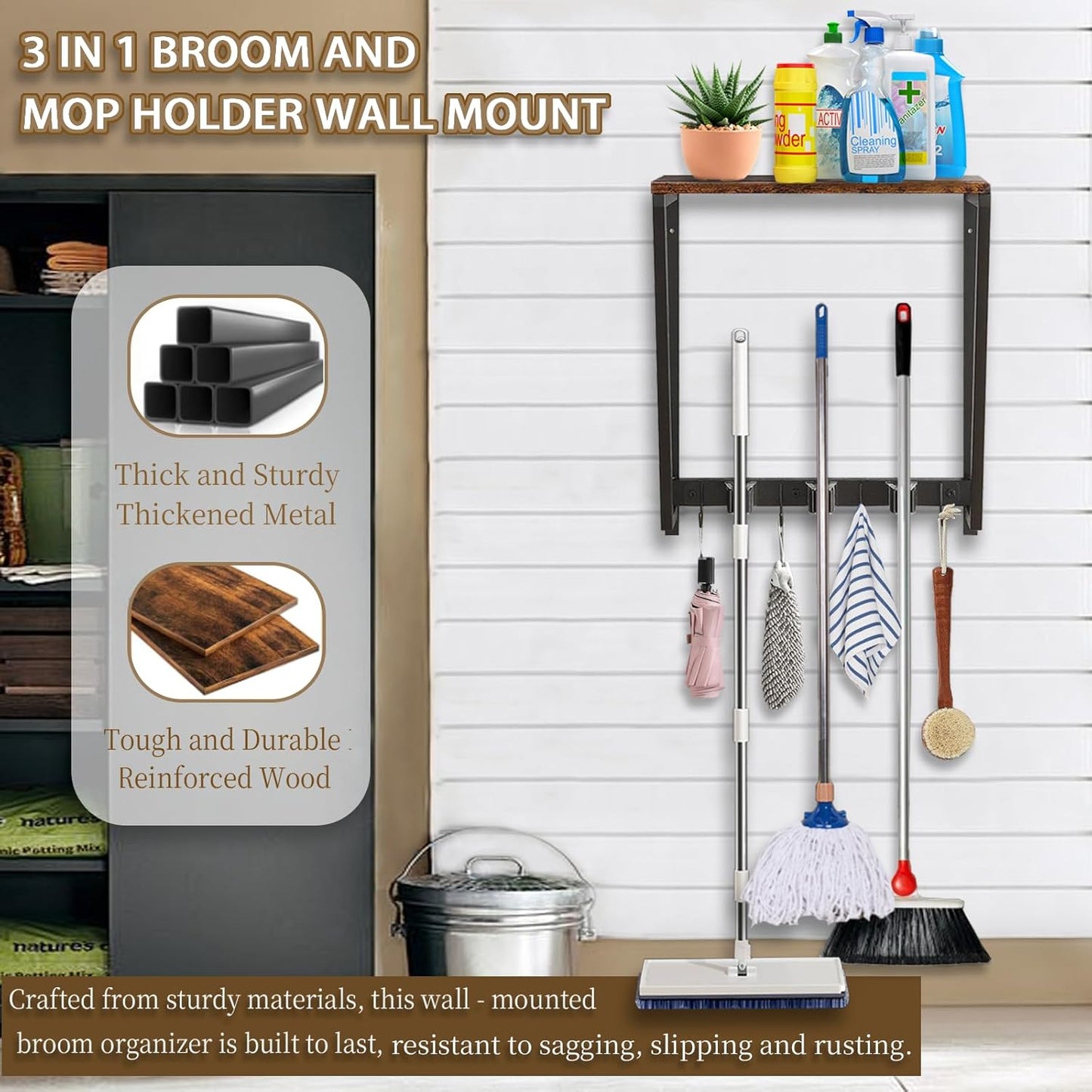 Wall-mounted broom and mop storage rack, equipped with mop, broom hanger and grab hooks for cleaning supplies, suitable for kitchens, laundry rooms, garages, utility rooms, closets, etc.