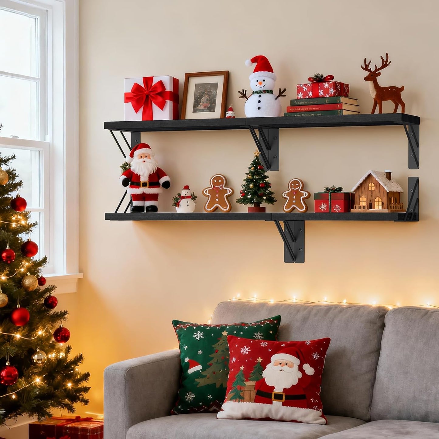 BAYKA Wall Mounted Floating Shelves, Wood Floating Wall Shelf for Books & Decor, Small Space-Saving Display & Organizer（Black，Set of 4）