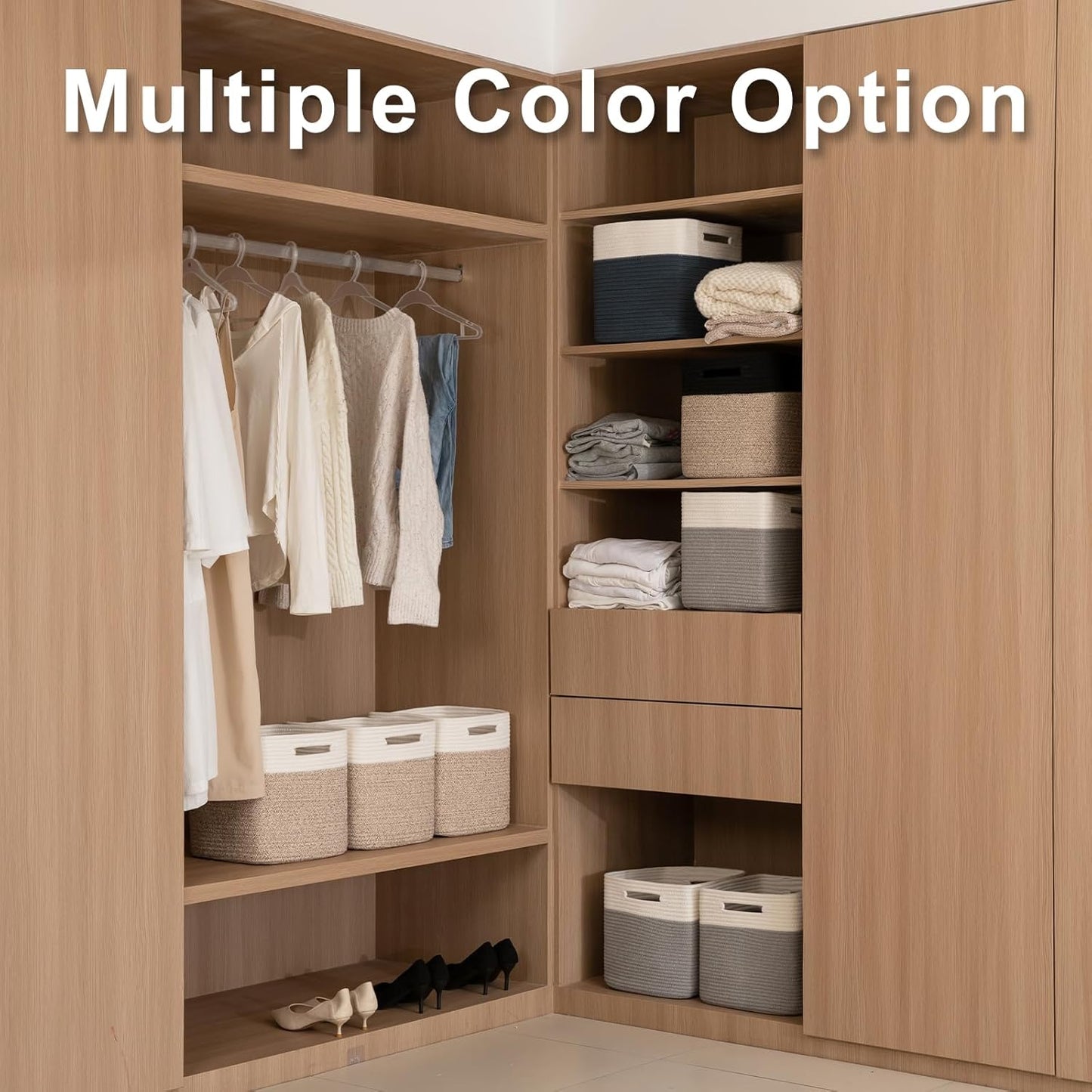 OIAHOMY Cube Storage Basket, 3-Pack Woven Cotton Rope Baskets for Storage, 11-Inch Cube Basket with Handles, Great for Shelves, Closets, Children's Toy Storage and Organization-Black & Brown