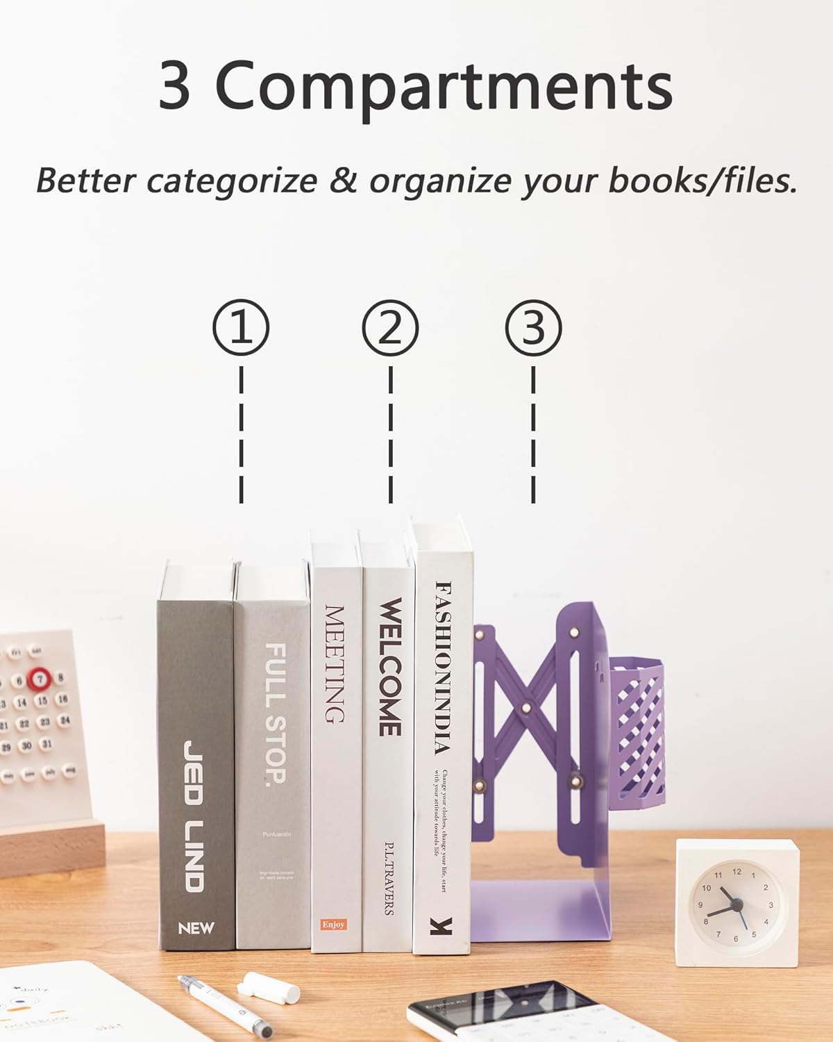 Kingsmile Book Ends, Adjustable Bookends for Shelves, Metal Bookends for Heavy Books, Book Stopper Organzier with Pen Holder for Desk, Kids Room, Office, Classroom, Library, Study Room.(Purple)