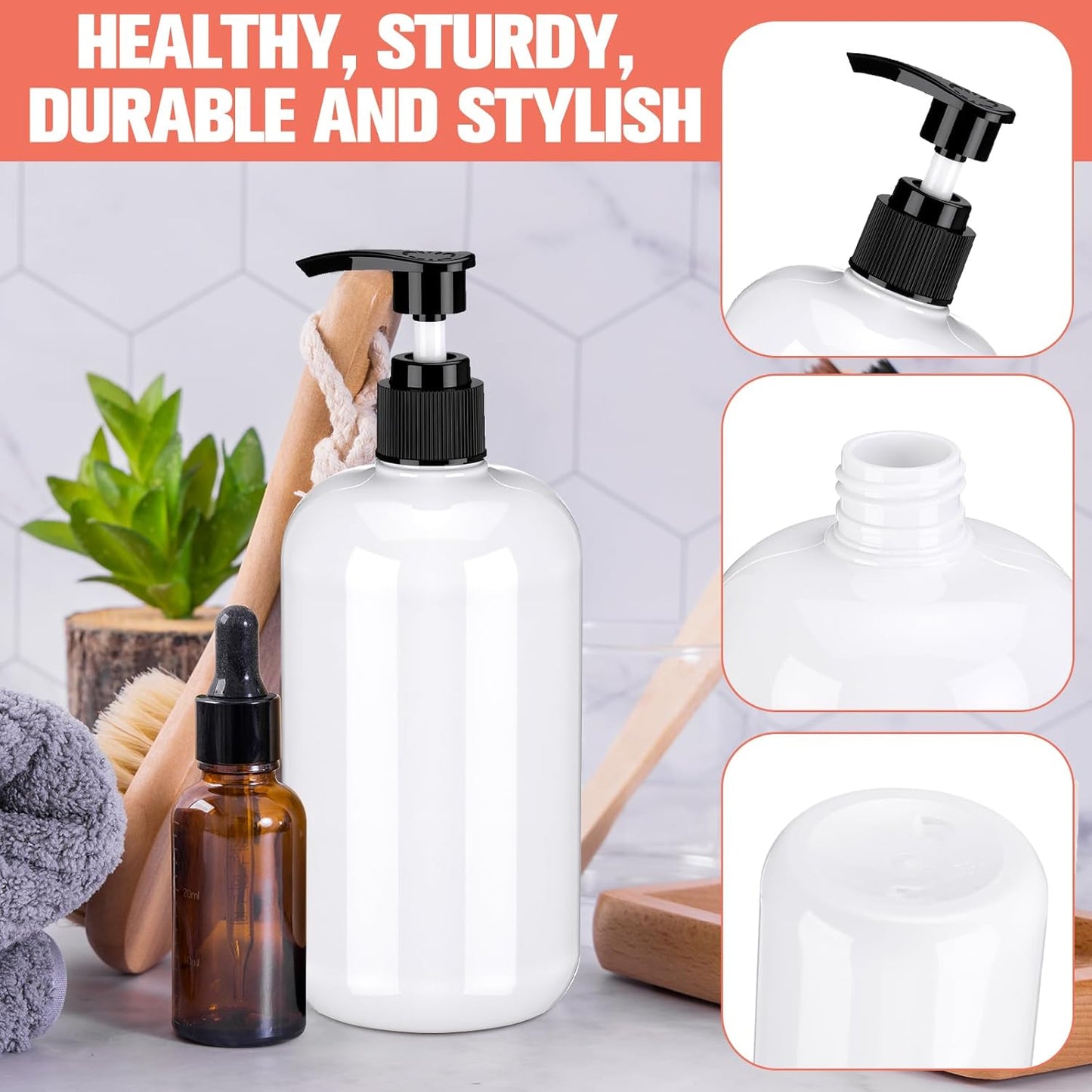 8 Pcs Plastic Pump Bottles Empty Lotion Bottle with Pump Refillable Dish Soap Dispenser Portable Hand Soap Dispenser Shampoo Lotion Container for Oil Liquid Soap(White,16 oz)