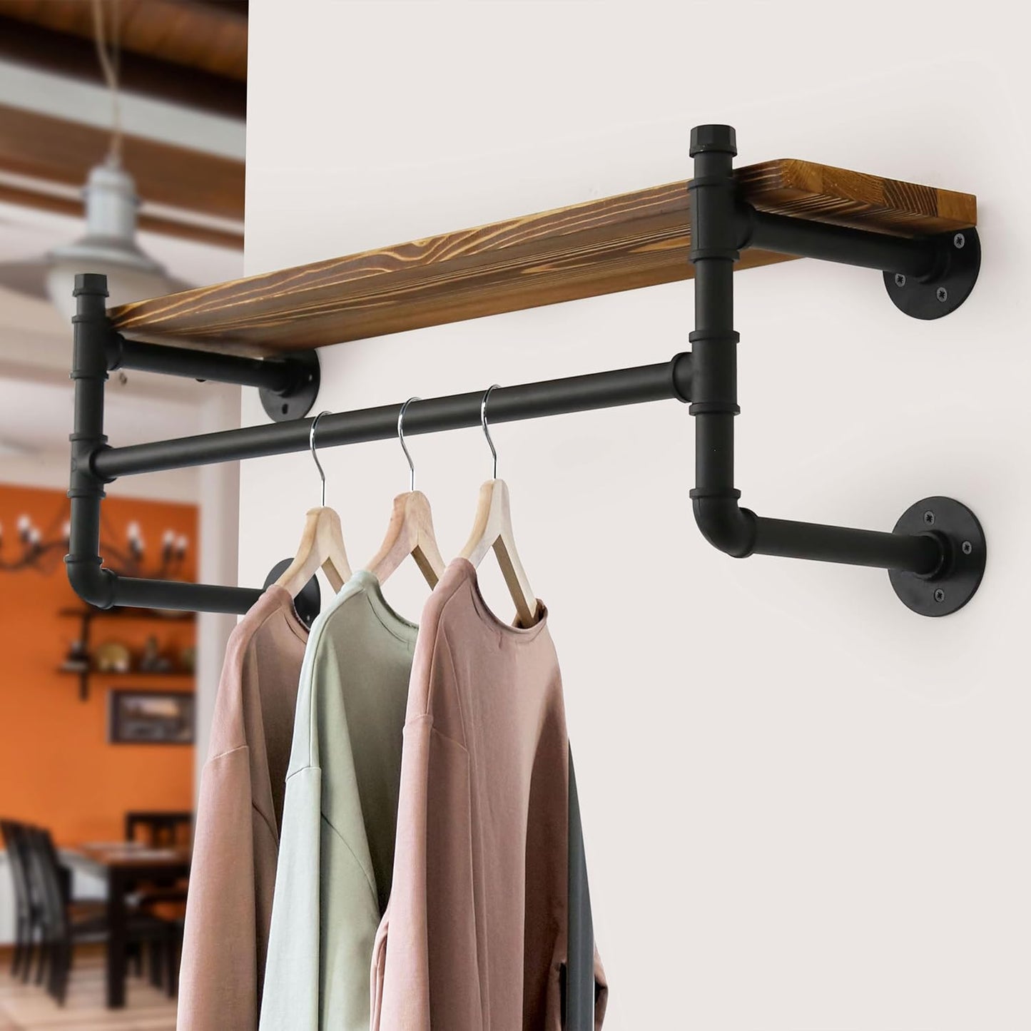 WEBI Wall Mounted Clothes Rack with Shelf,24" Industrial Pipe Clothing Rack with Shelves,Heavy Duty Iron Garment Bar,Retail Display Clothes Rod for Laundry Room,Black