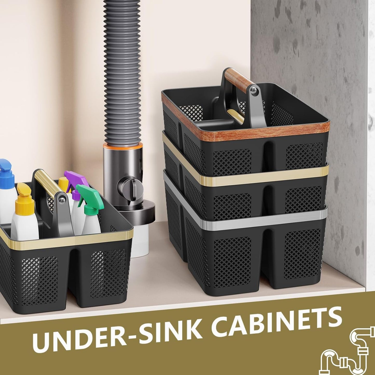 Shower Caddy Dorm Men: Plastic Bathroom Caddy Organizer with Handle and Holes, Bath Caddy for College Dorm, Portable Shower Basket Tote for Toiletry, Travel, GYM, Camp Essentials Black/Gold