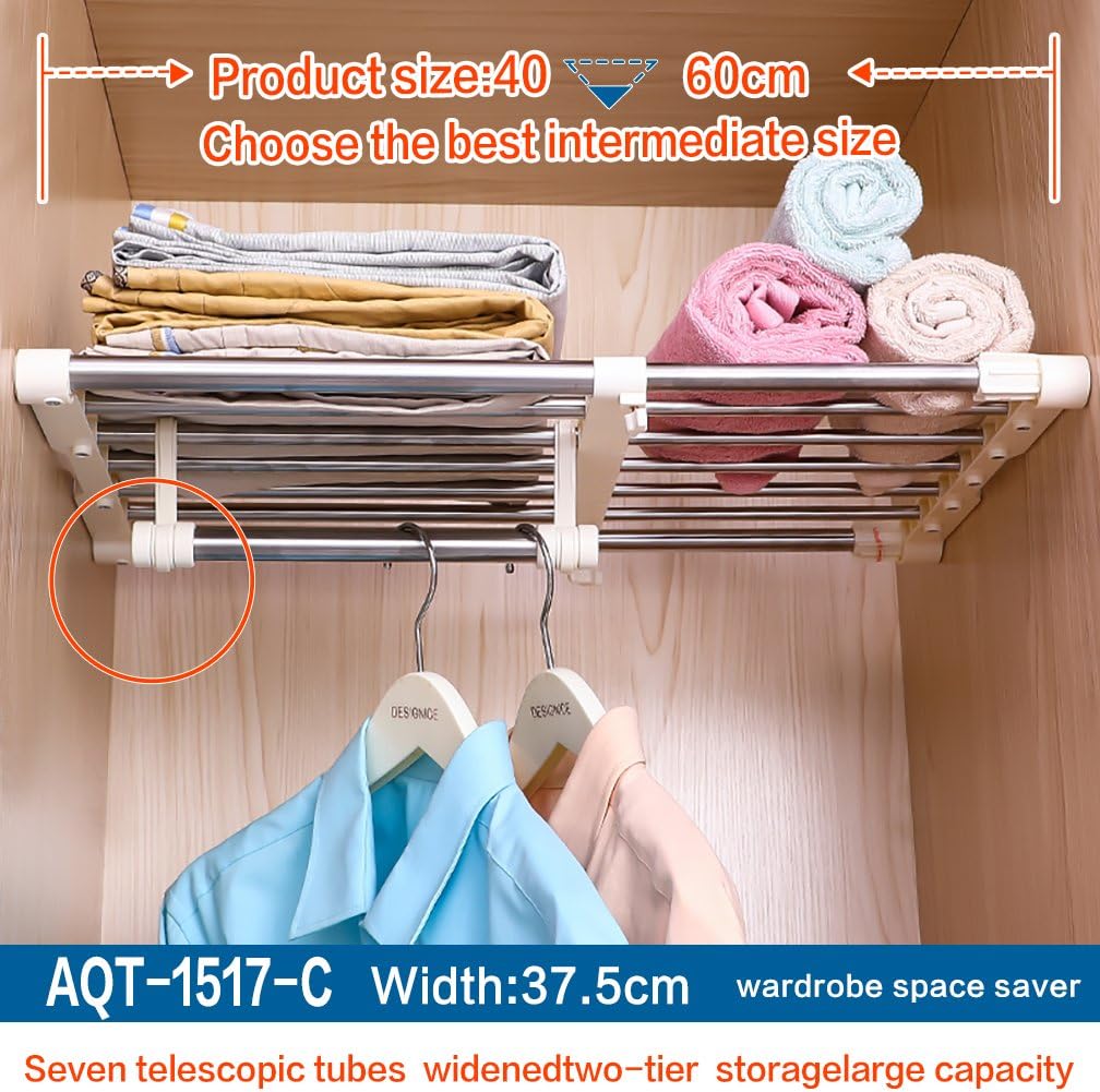 Hershii Closet Tension Shelf Expandable Telescopic Rod Heavy Duty Clothes Hanging Rail Adjustable DIY Storage Organizer Shoe Rack 7-Bar Extention for Garage Bathroom Kitchen Bedroom