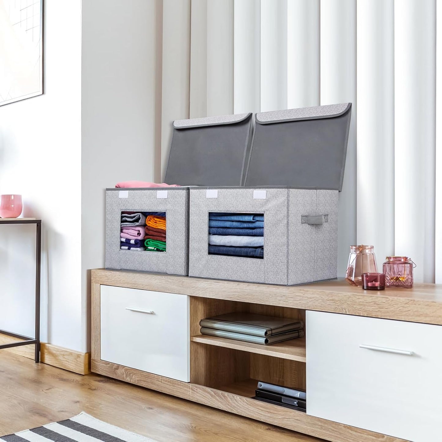 Univivi Larger Fabric Collapsible Storage Bins, Foldable Storage Boxes with Lids, Storage Cube Organizer Basket for Home, Closet, Bedroom(Gray, 17“ x 12” x 12")