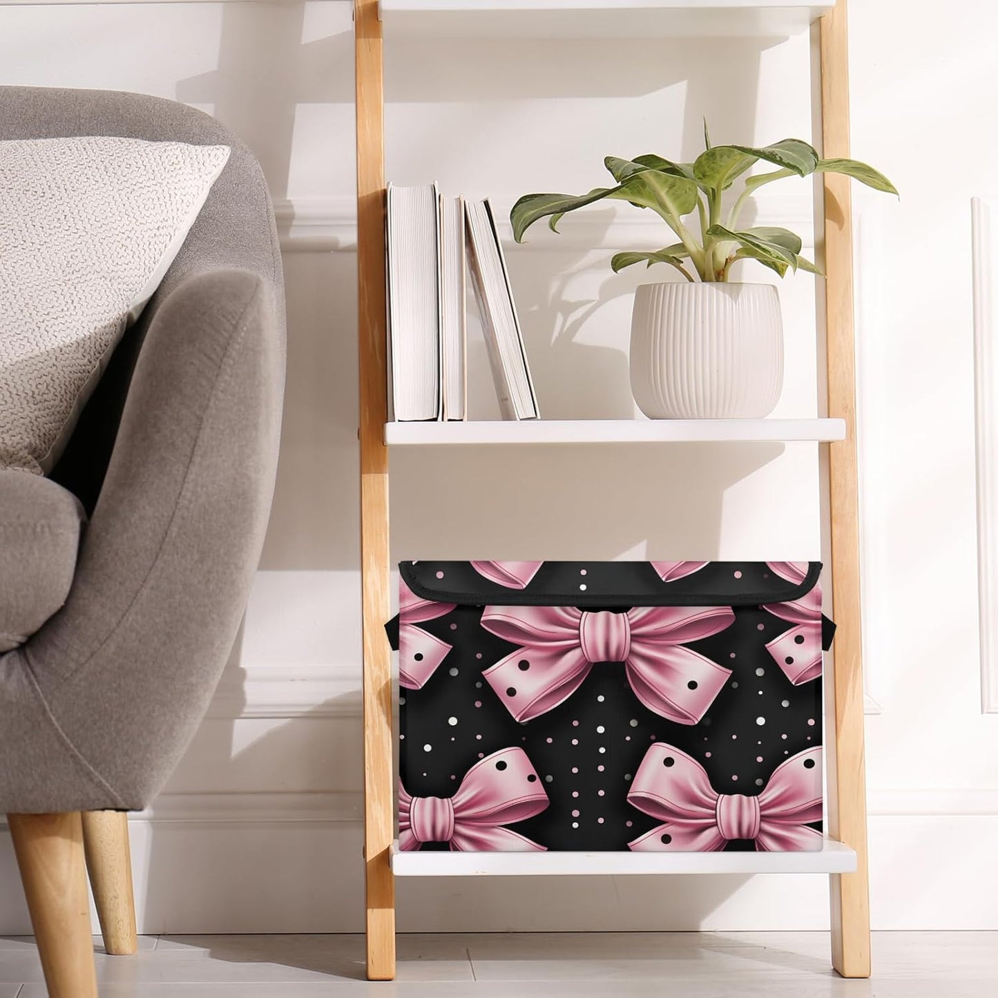 Closet Storage Bins Storage Baskets for Organizing with Flip-Top Lid & Handles, 27 Quart Large Linen Closet Organizers and Storage Cubes, Decorative Wardrobe Boxes for Organization (Pink Bows)