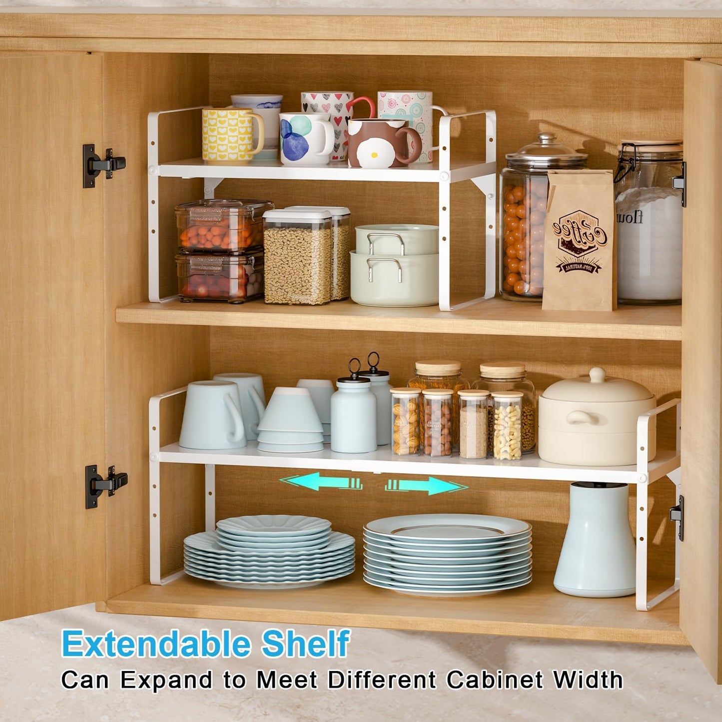 15.5 to 25.5 Inch Kitchen Cabinet Shelf Organizers, Adjustable Kitchen Counter Shelf Organizer, Set of 4 Expandable Countertop Storage Shelves, Stackable Design, 30LBS Heavy Duty, Space Saver