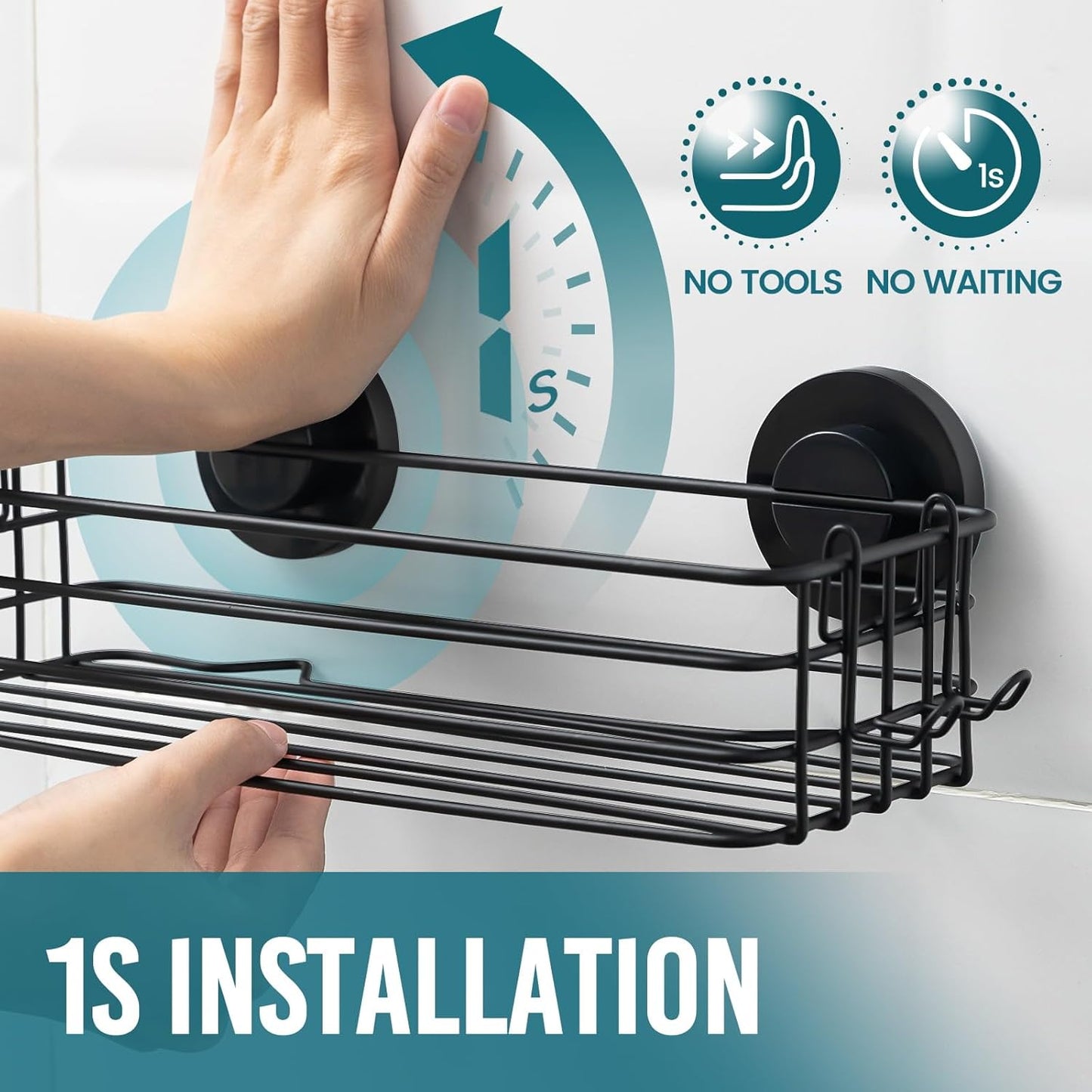 TAILI Shower Caddy Suction Cup 2 Pack with Hooks & Soap holder, Heavy Duty Shower Organizer for Bathroom, No Drilling Bathroom Organizer with Large Capacity, Black Metal Storage Basket