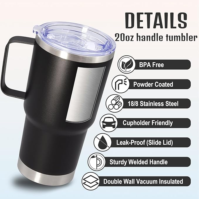 20 oz Tumbler with Handle and Lid, Stainless Steel Tumbler Insulated Travel Coffee Mug, Spill Proof Double Wall Vacuum Tumbler Cup Keep Drink Hot & Cold, Black, 12 Pack