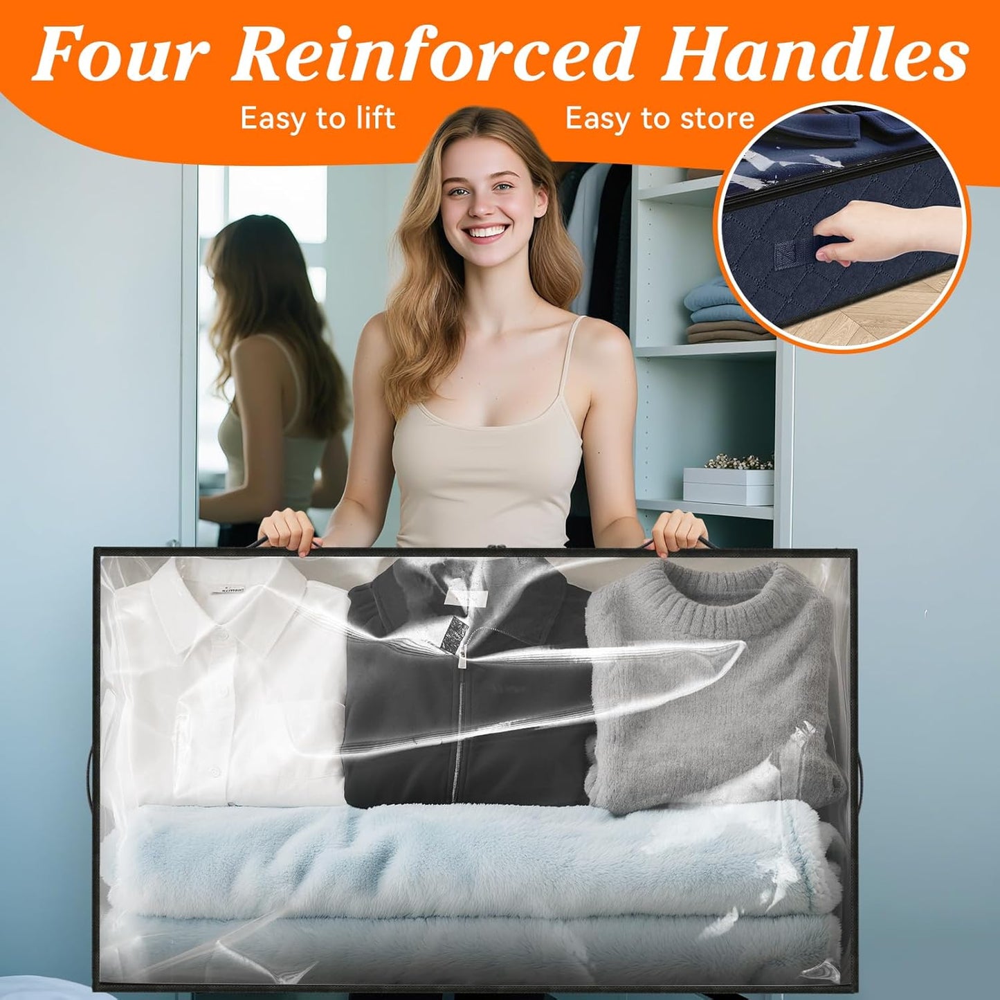 SpaceWhisper 90L Under Bed Storage Containers, 2-Pack Storage Bins with Clear Top, Foldable Closet Organizers and Storage with Label Holder for Clothing, Blankets, Comforter & Pillows(Blue)