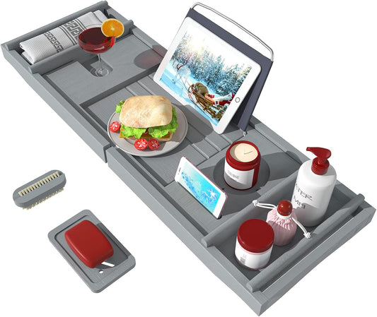 Bath Caddy Tray for Bathtub - Bamboo Adjustable Organizer Tray for Bathroom with Soap Dish Suitable for Luxury Spa or Reading(Bluish Grey)