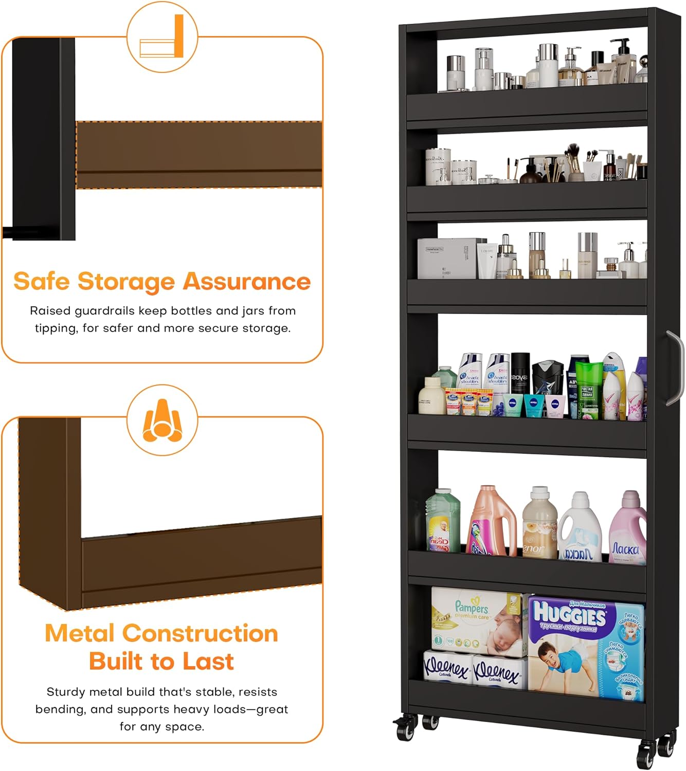 Slim Storage Cart, Lightweight 6 Tier Metal Rolling Utility Kitchen Cart on Weeels, Mobile Storage Shelving Unit Organizer for Bathroom Laundry Office Narrow Places (Black, 6" D)