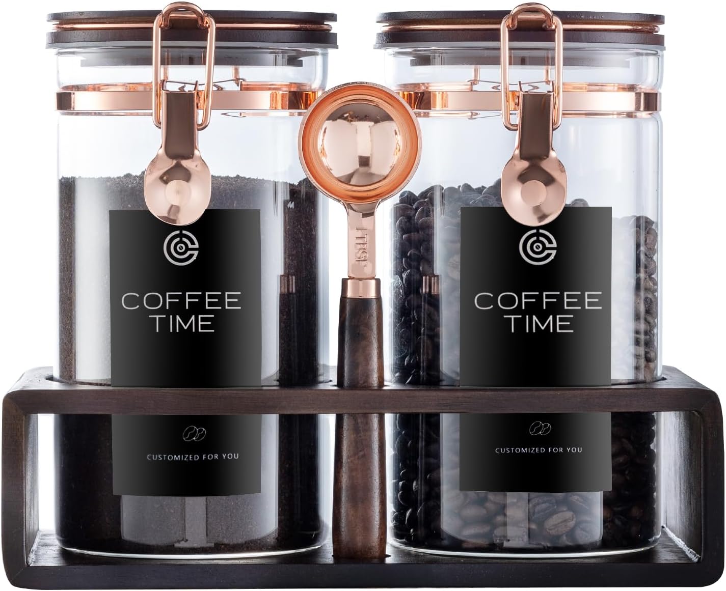 Glass Coffee Canister Set with Shelf and Spoon, Set of 2 Coffee Containers for Storing Ground Coffee Beans, Sealed, Coffee Bar Coffee Filter Holder