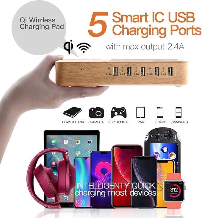 Fastest Charging Station for Multiple Devices, Presents for Him Her 5 USB Ports Chargers for Multiple Devices for Charging Pad for Apple/AirPods/iPad/Samsung/Android/Tablet