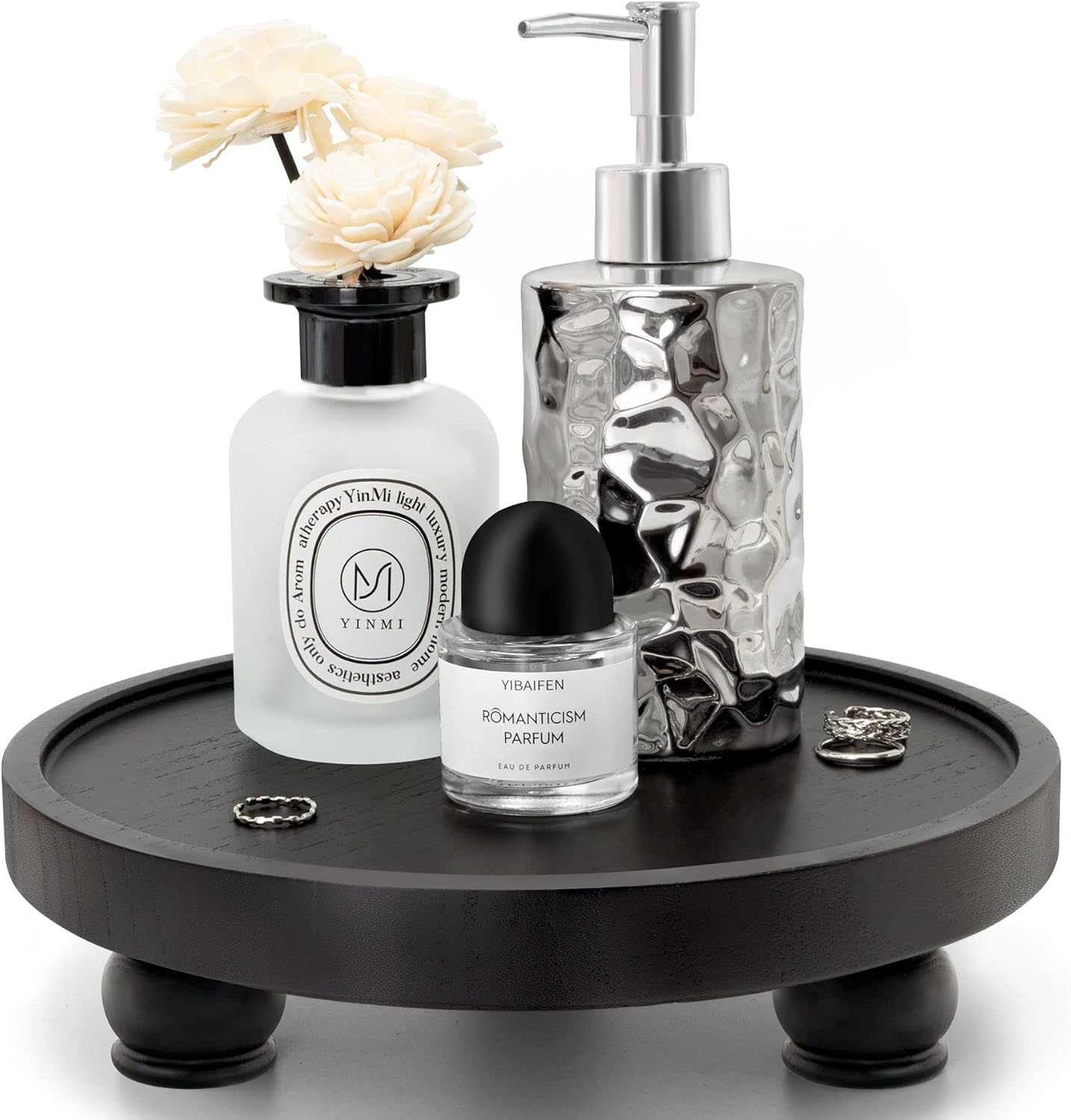 EOSAHR Modern Wood Riser for Display : Farmhouse Pedestal Stand for Kitchen Counter and Home Decor, Round Waterproof Display Tray for Soap on Sink (Black)