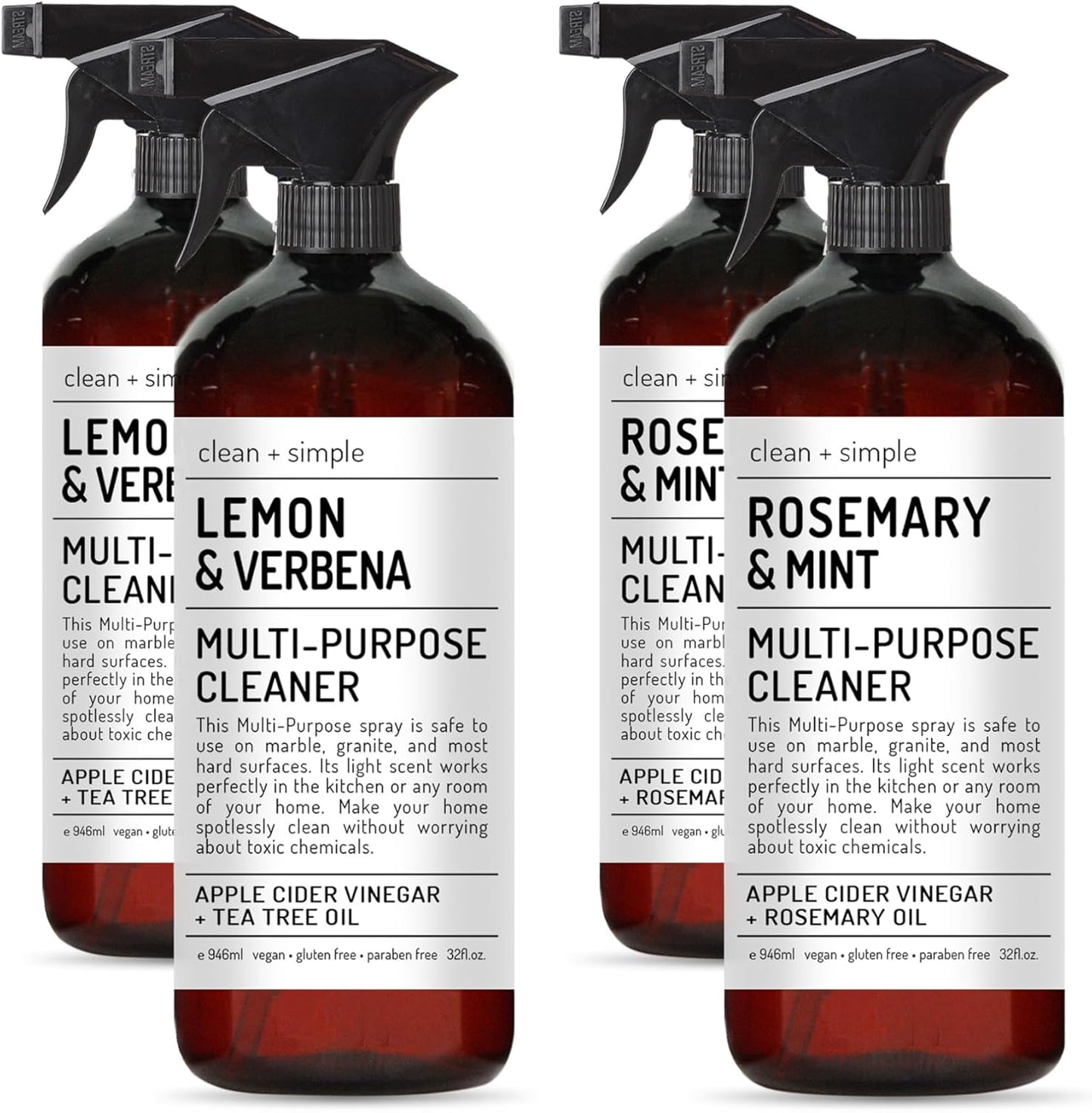 Clean + Simple Multi Purpose Cleaners | With Apple Cider Vineager, Rosemary, And Tea Tree Oil | Set of 4 32oz bottles | Home and Body Company
