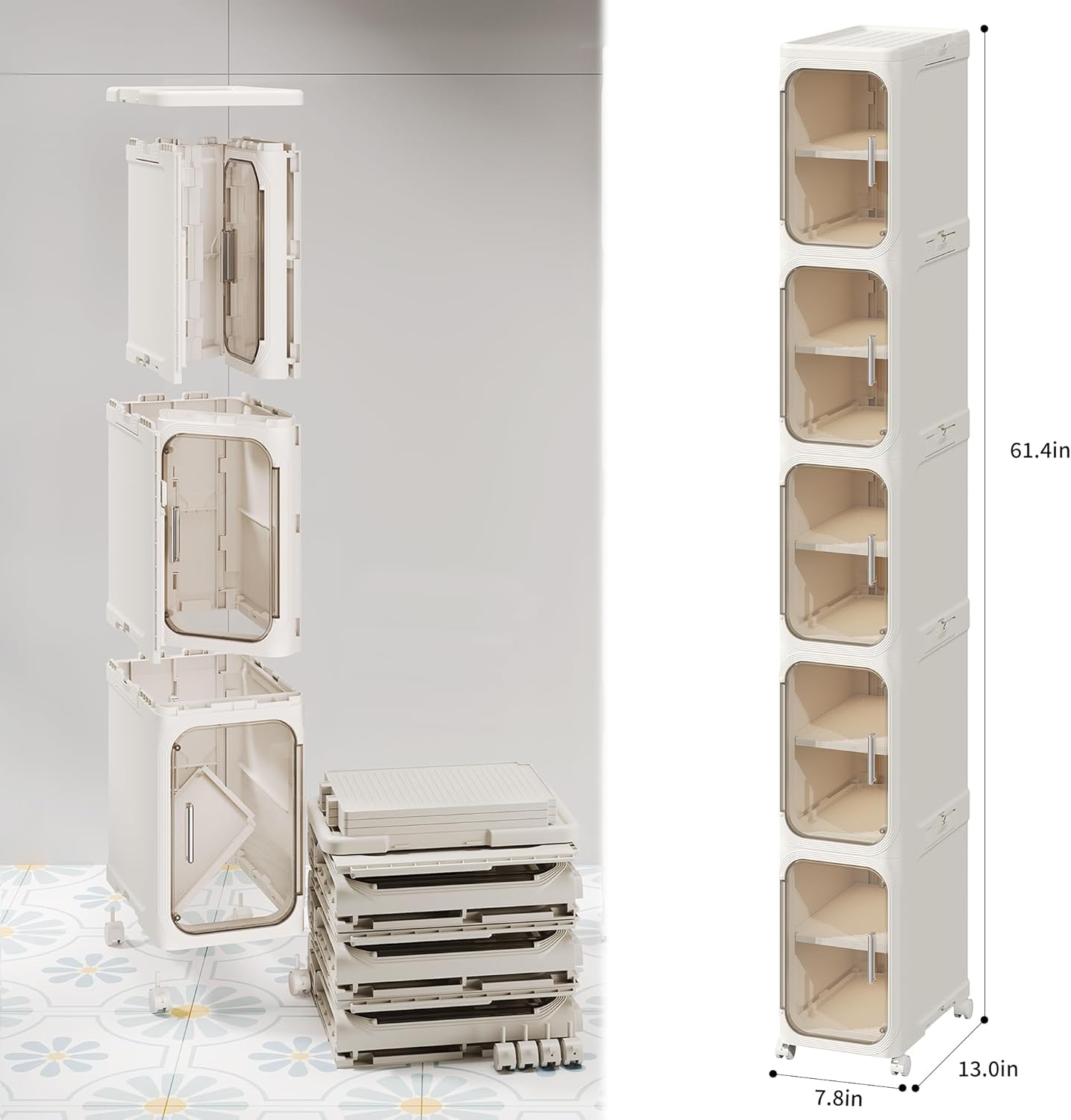 5-Tier Narrow Storage Cabinet Slim Bathroom Storage Cabinet with Movable Wheels Tall Bathroom Organizer Skinny Cabinet for Small Spaces，Beige