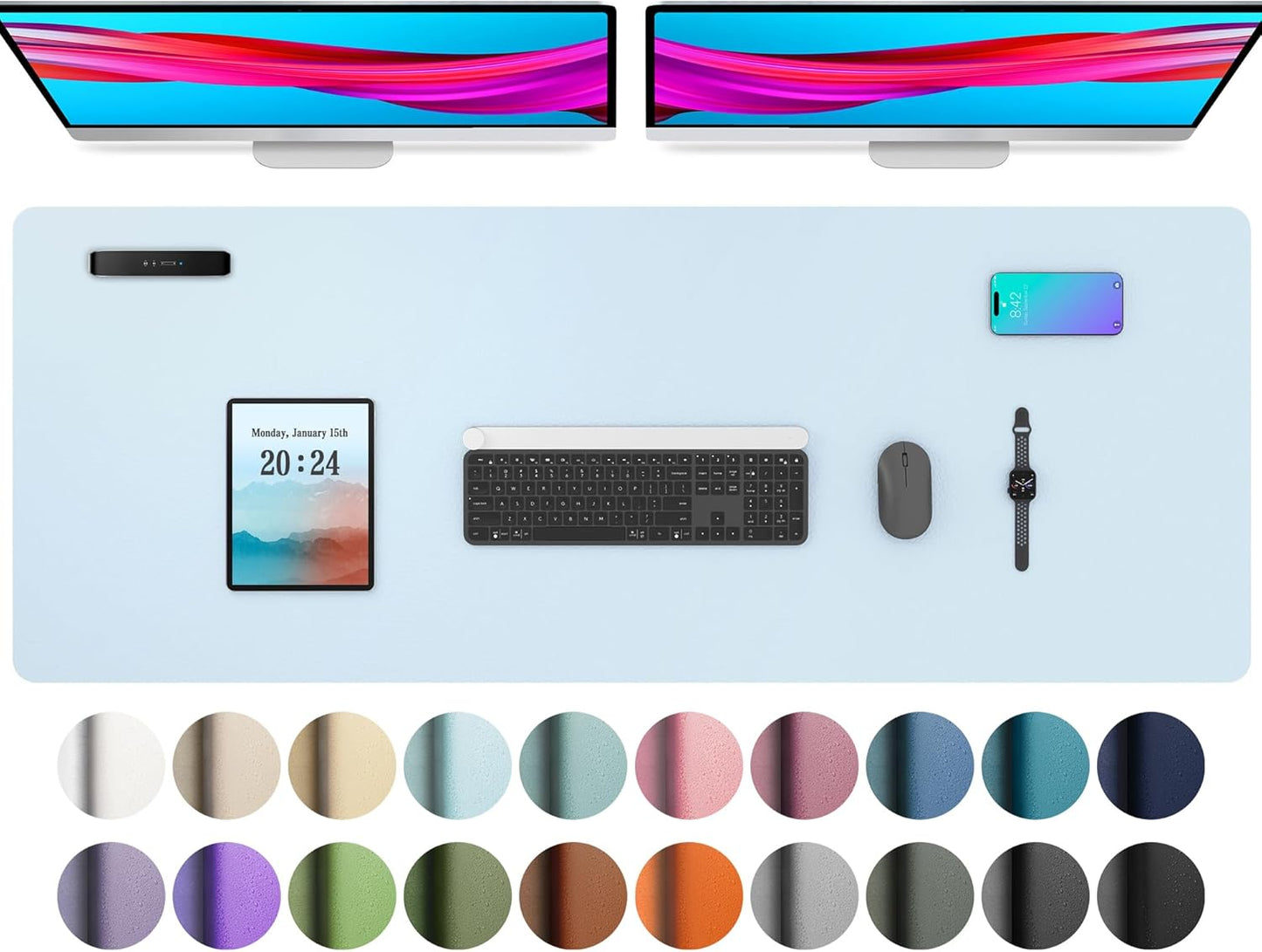 Aothia Leather Desk Pad Protector, Office Desk Mat, Large Mouse Pad, Non-Slip PU Leather Desk Blotter, Laptop Desk Pad, Waterproof Desk Writing Pad for Office and Home (48"x17", Baby Blue)