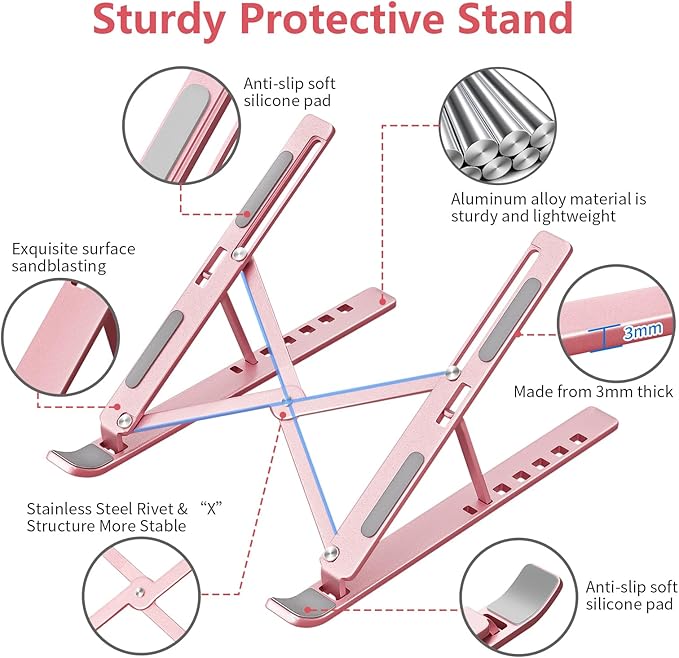 Laptop Stand for Desk, Aluminum Metal MacBook Stand，Computer Riser for Desk, Portable Foldable Adjustable Notebook Holder, Compatible with 10-15.6 Inch Laptops, iPad, Rose Gold.