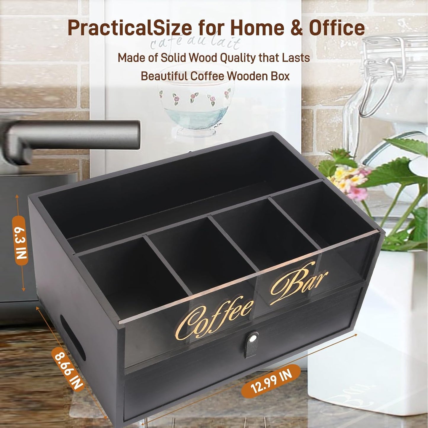 2-Tier Coffee Bar Organizer with Clear Acrylic Top, Built-in Drawer and Leather Handle Pull for Countertop, Stylish Coffee Station Storage Box for Accessories, Pods, Great Gifts for Home