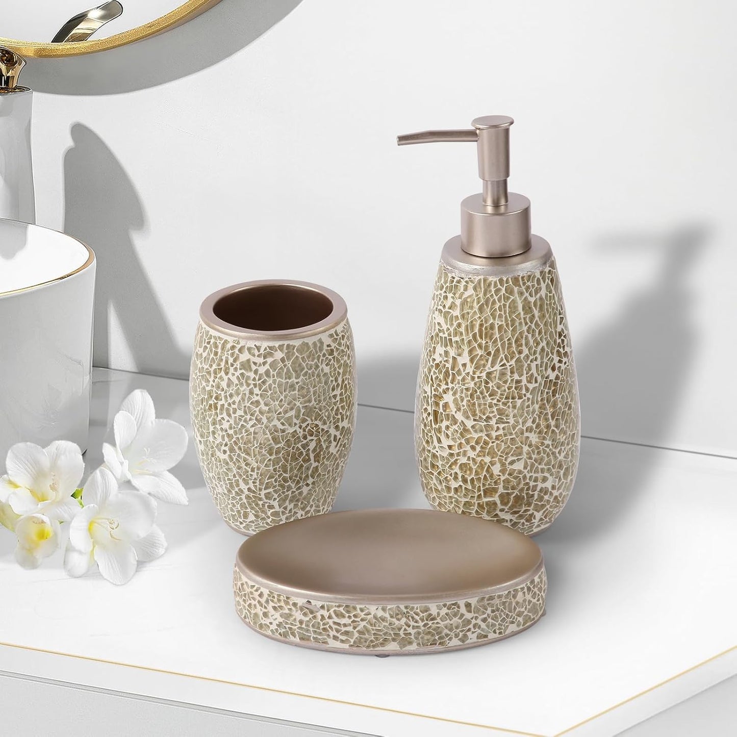Exquisite Gold Glass Sequins Resin Bathroom Accessory Set,4 Pcs - Soap Dish,Lotion Dispenser,Toothbrush Cup,Toilet Brush & Holder,Modern Luxury Bathroom Set
