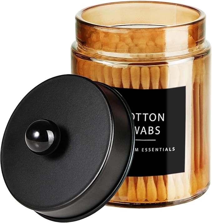 Amolliar Amber Yellow Apothecary Jar With Metal Lid & Waterproof Labels, Qtip Holder Dispenser for Cotton Swabs, Balls, Makeup Pads, Floss Picks, Countertop Bathroom Storage Canister, Black 1 Pack