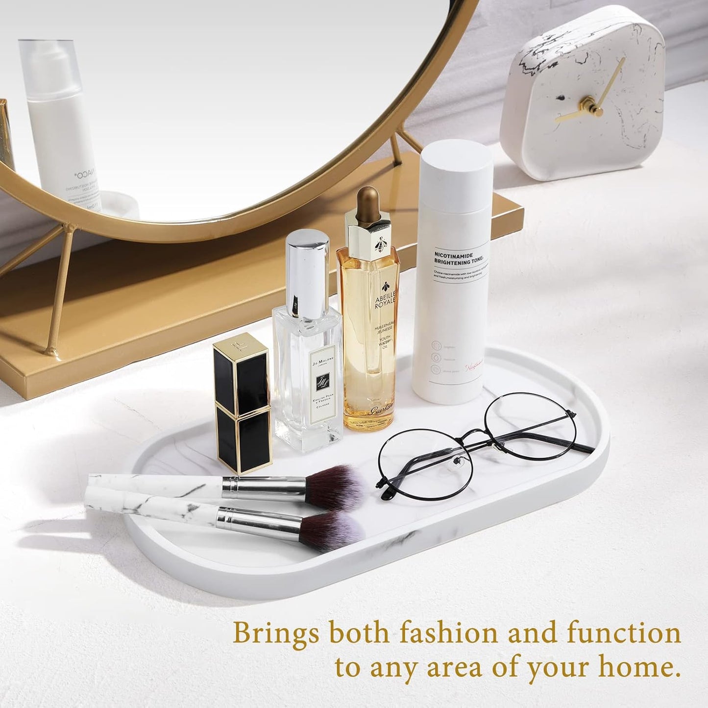 Luxspire Bathroom Vanity Tray, Handmade Resin Kitchen Sink Tray, Oval Toilet Tank Tray, Bathroom Countertop Organizer Tray for Jewelry/Perfume/Soap Dispenser/Hand Towel - 11.4 Inch, White Marble