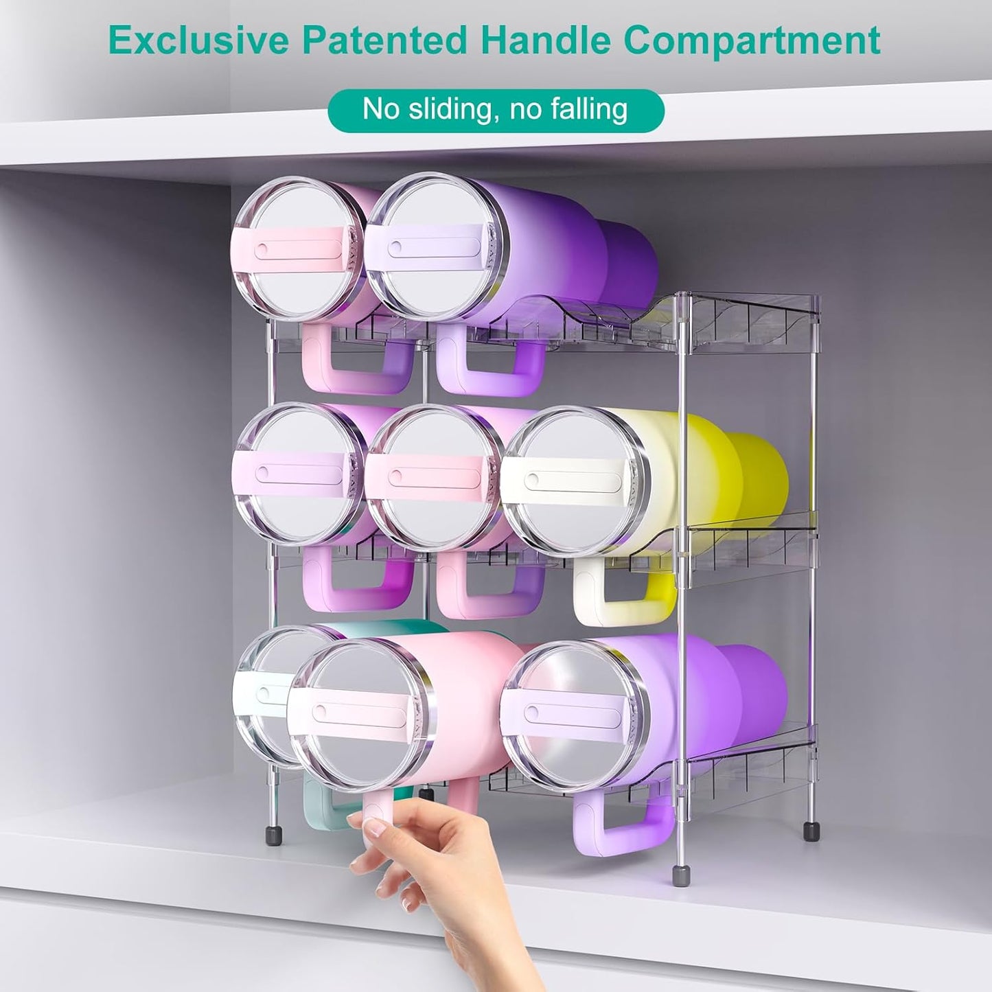 Reusable Stackable with Handle Compartment Water Bottle Tumbler Organizer for Stanley 40oz with Handle Cup, Stanley Accessories for Pantry, Cabinet & Kitchen Organization and Storage,3 Tier Hold 9