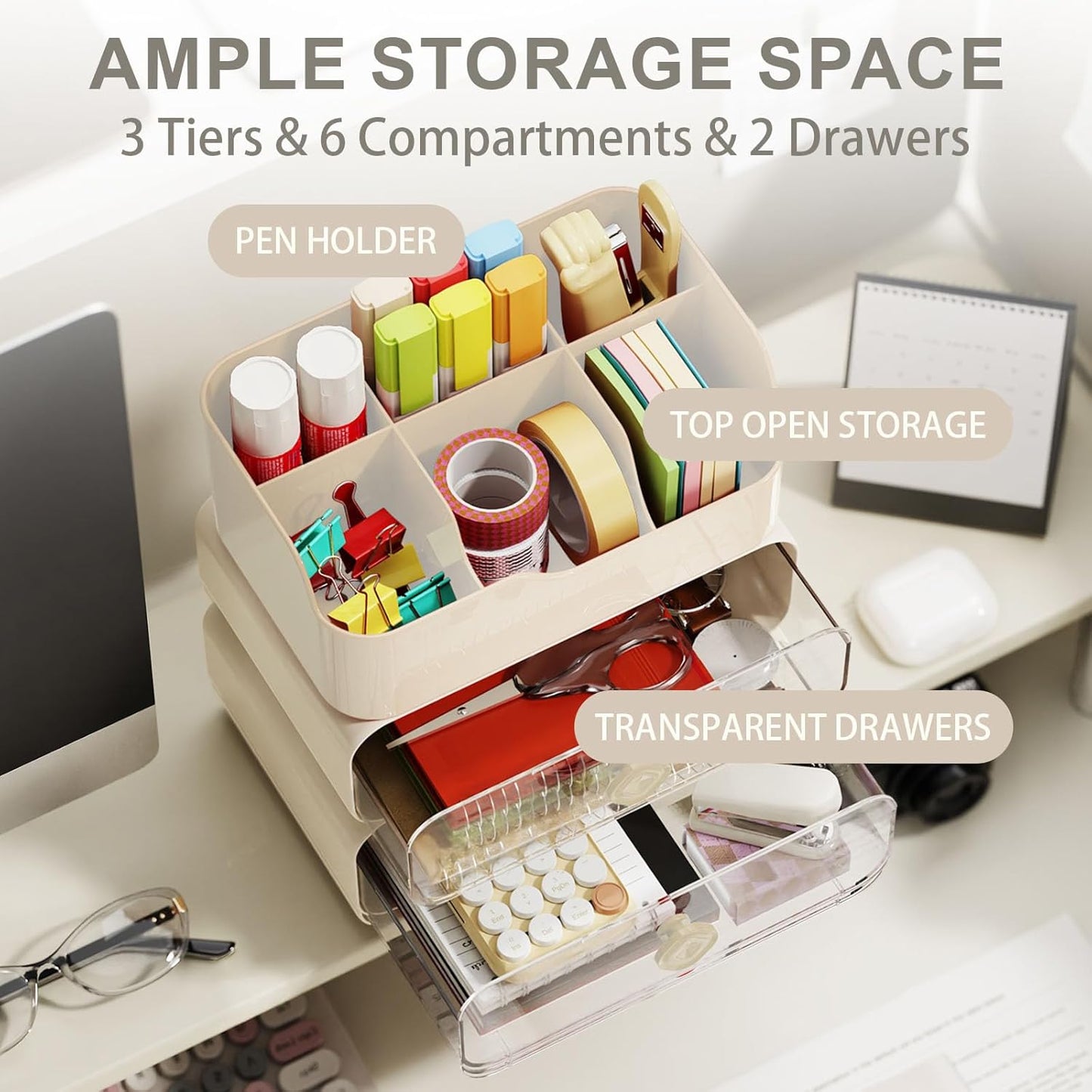 TEAMIX 3 Tier Desk Organizer with 2 Clear Drawers & 6 Slots, Stackable Desktop Drawer Organizer, Plastic Pencil Pen Holder Stationary Storage Makeup Organizer for Office/School/Art Supplies (White)