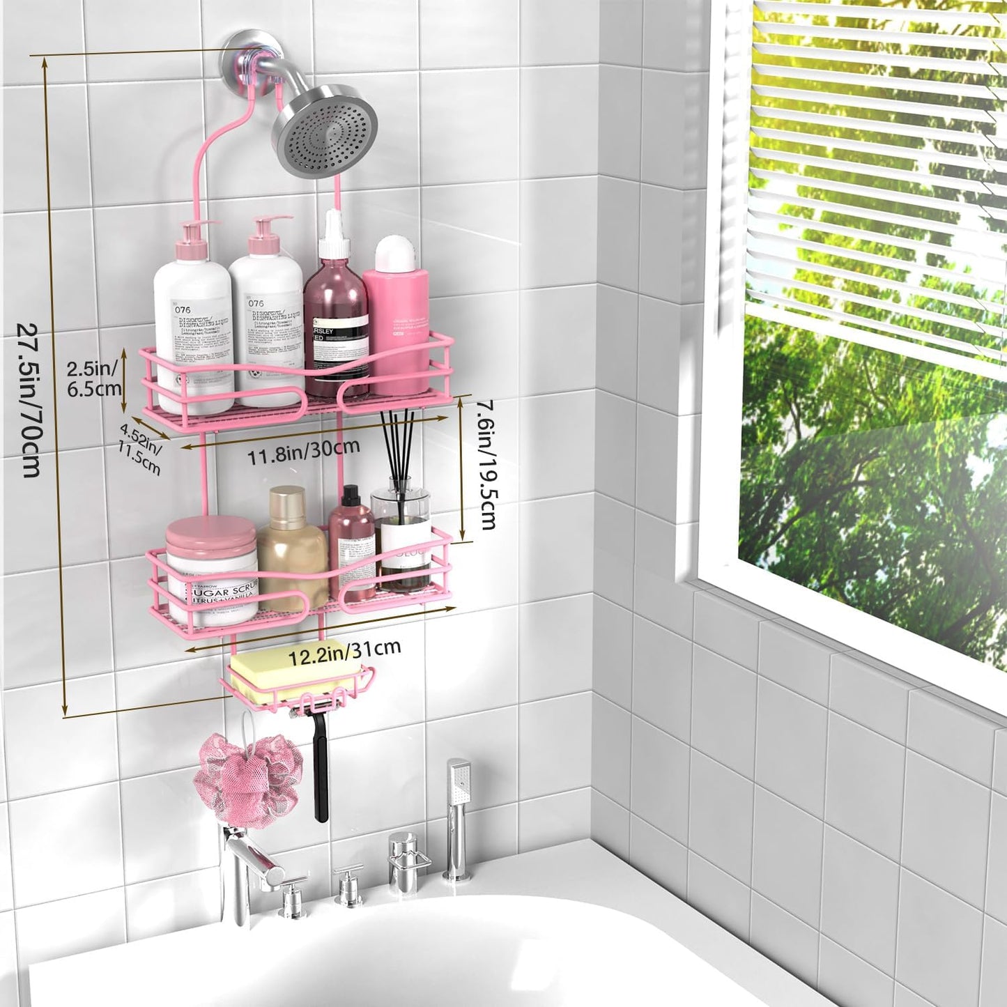 Pink 3-Tier Over Head Shower Caddy with Soap Holder & 6 Hooks - Hanging Shower Caddy for Bathroom Organizer