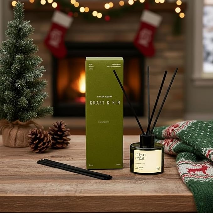 Craft & Kin Mayan Copal Christmas Reed Diffuser | All Natural Essential Oil & Rattan Scent Sticks | Winter Reed Diffusers for Home, Bathroom | Long Lasting Home Fragrance in Green Glass, 3.4oz