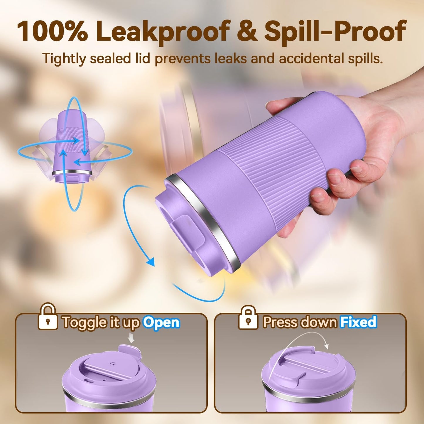 17OZ Travel Coffee Mug Insulated Coffee Cup with Spill Leak Proof Lid, Portable Stainless Steel Tumbler Reusable Hot and Cold Water Mug for Car, Daily, Camping- Purple