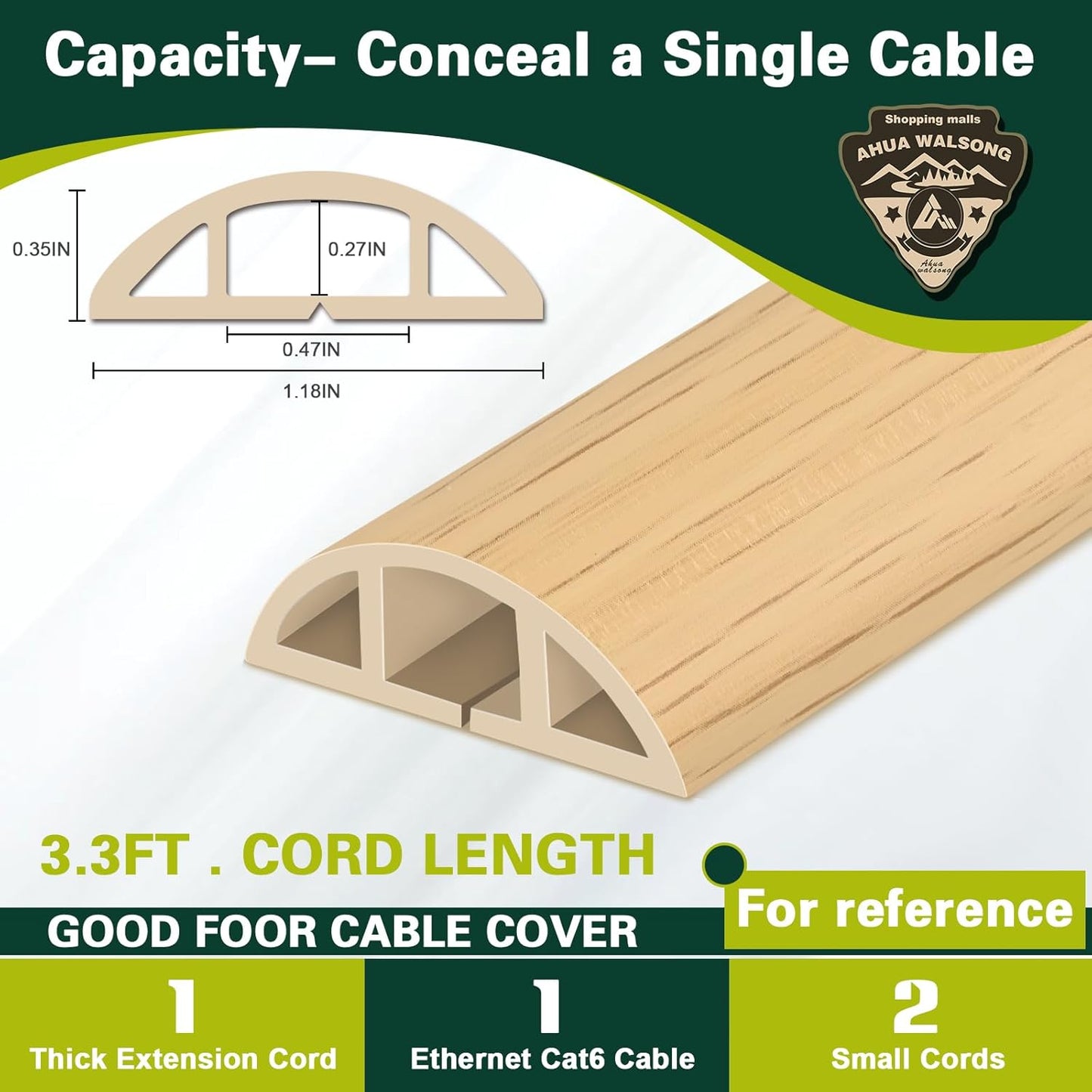 Floor Cord Cover Cable Cavity Self Adhesive Cord Hider Floor, Floor Electric Cord Covers, for Living Rooms, Rooms, Offices Floor Cable Cover - Cord Protector (Yellow Wood, 1.18" x 3.3')