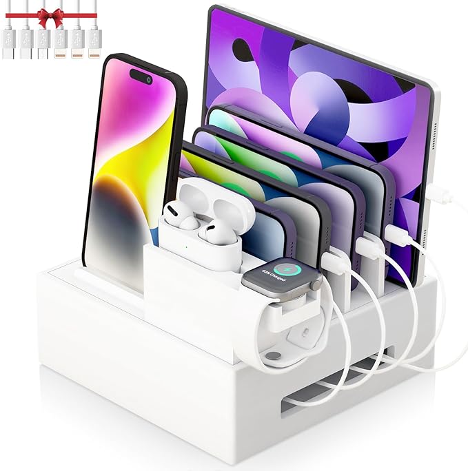 Bamboo Charging Station for Multiple Devices - Darfoo Family Charging Station with 7 USB Ports and 1 Stand for Watch-Earbud, 7 Short Charging Cables, White