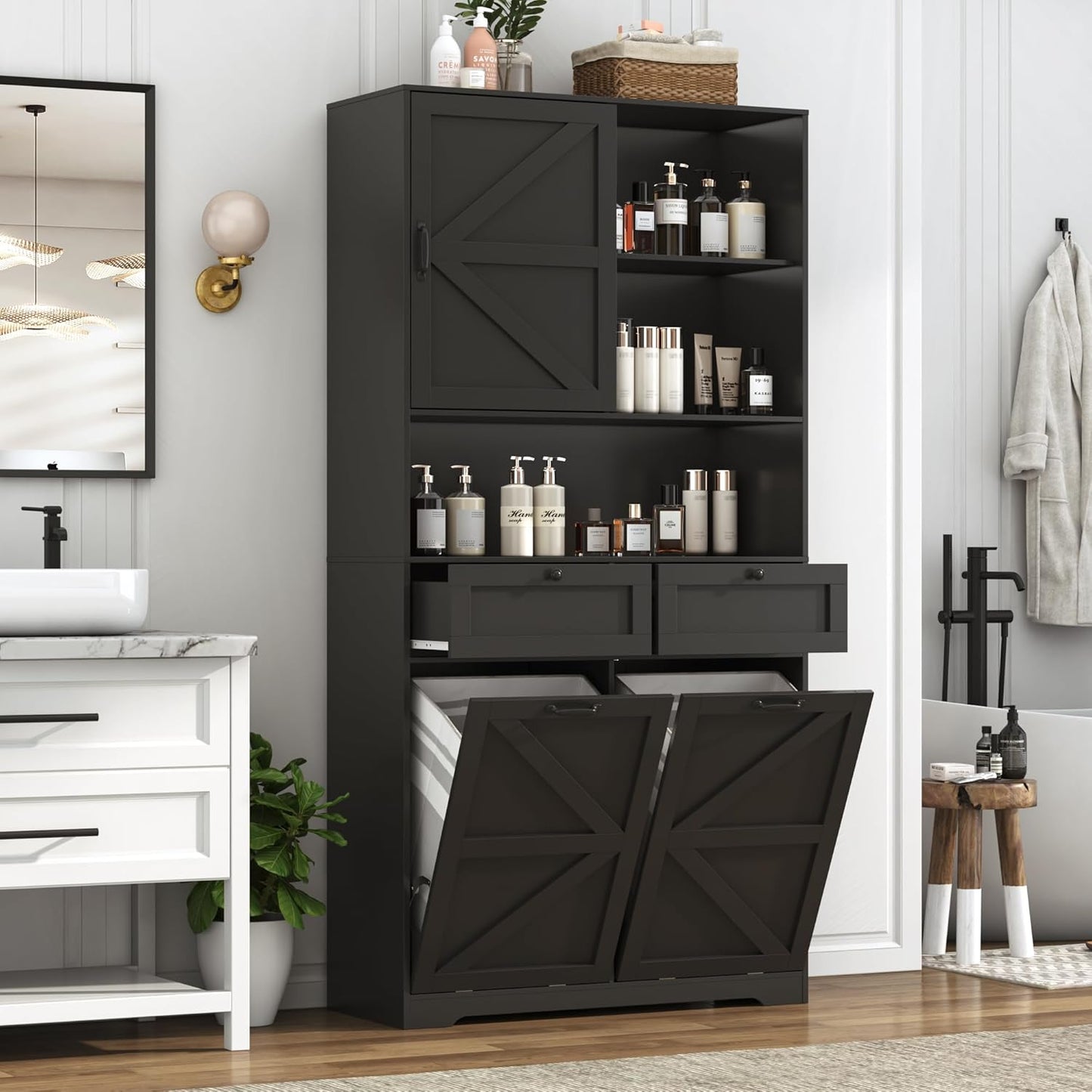 78" Tall Tilt-Out Double Doors Laundry Cabinet Hamper w Hidden Laundry Hamper,Large Pull Out Laundry Room Storage Cabinets,Kitchen Double Tilt Out Trash Cabinet,13X2 Gallon Bathroom Organizers(Black)