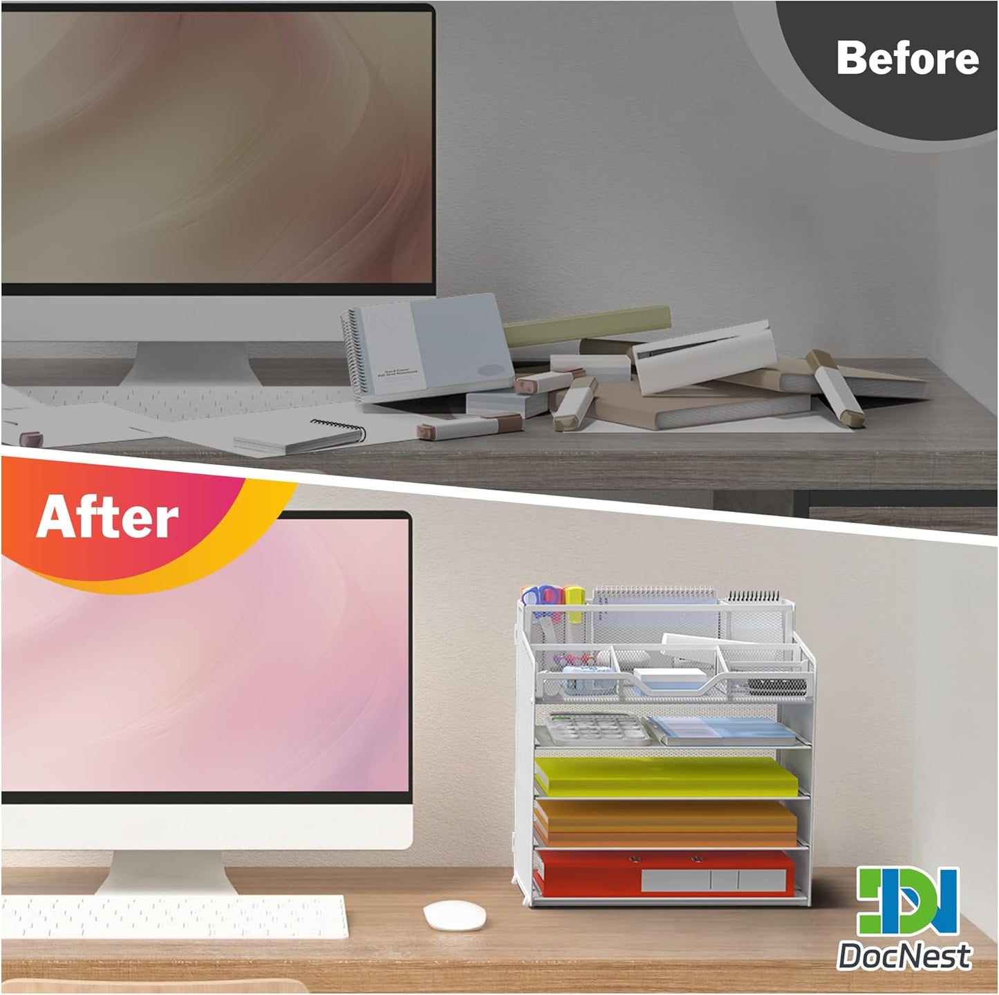 Docnest 5 Tier Mesh Desk Organizer for Paper Office Supplies – Multi-Functional Letter Tray with 5 Adjustable Compartments, 3 Pen Holders, Desktop Storage for Files, Mail, Stationery – White