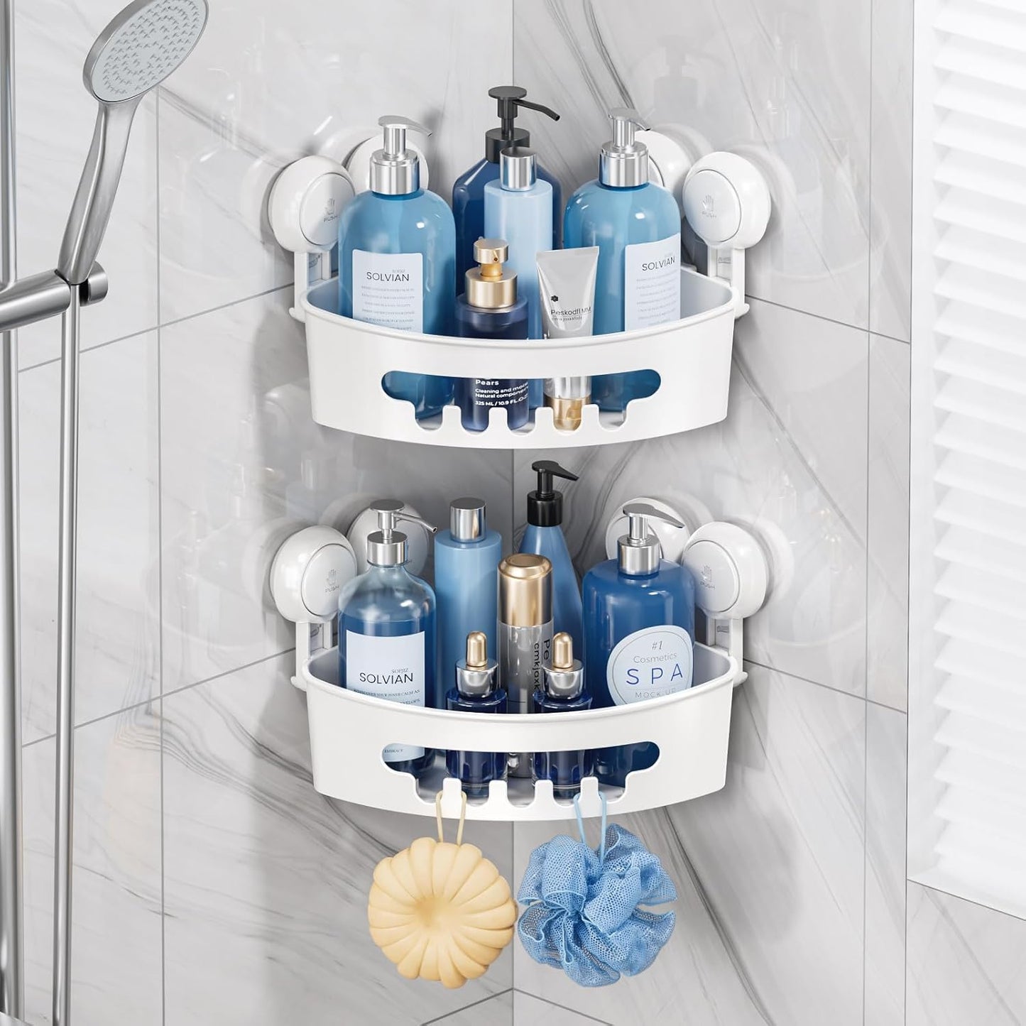 TAILI Suction Corner Shower Caddy, Bathroom Shelf Storage Basket Wall Mounted Organizer for Shampoo, Conditioner, Plastic Rack for Kitchen&Bathroom, Drill-Free Removable (2 Pack)