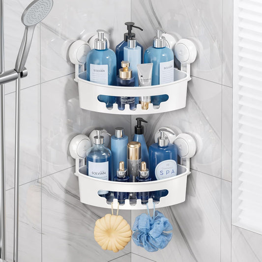 TAILI Suction Corner Shower Caddy, Bathroom Shelf Storage Basket Wall Mounted Organizer for Shampoo, Conditioner, Plastic Rack for Kitchen&Bathroom, Drill-Free Removable (2 Pack)