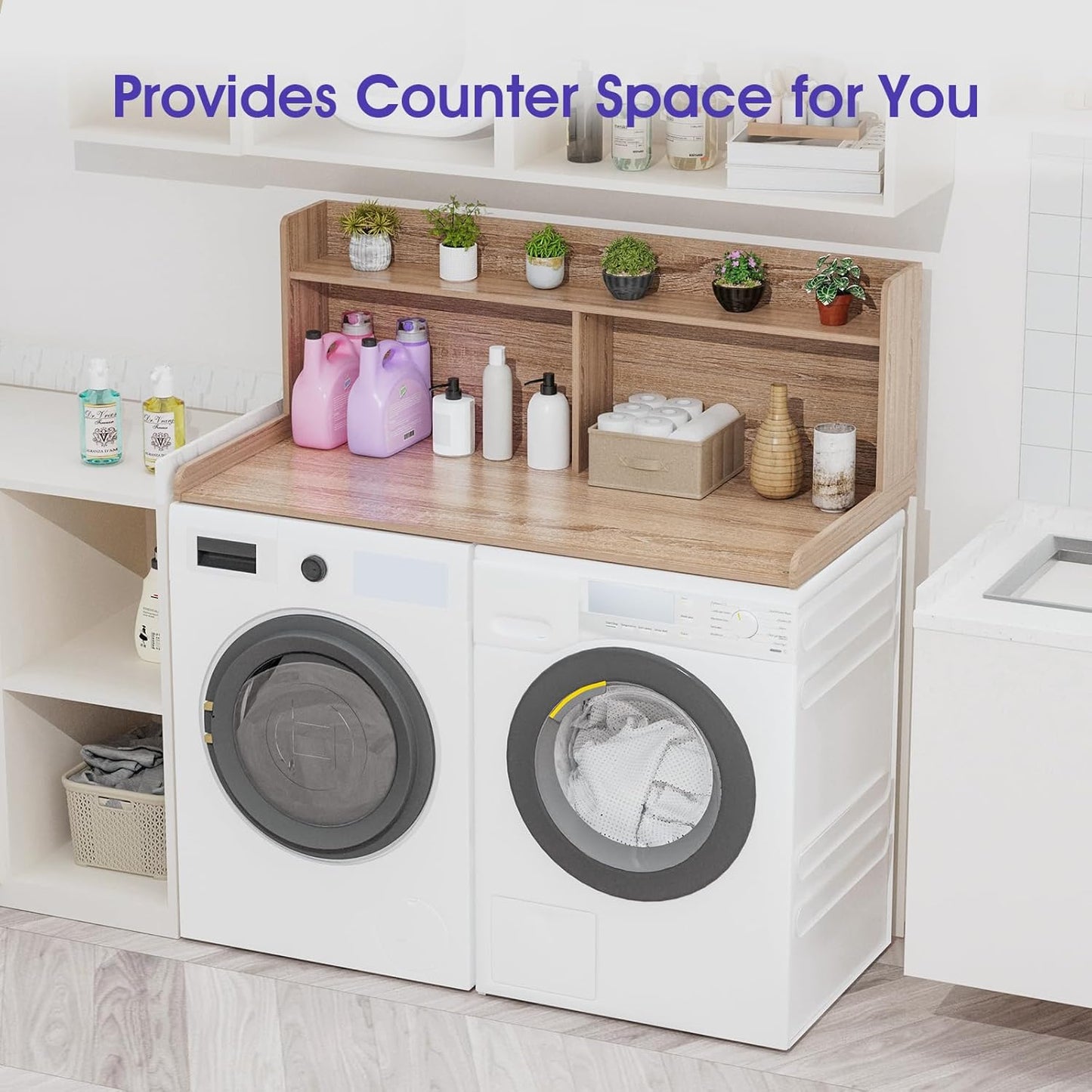 Washer Dryer Countertop with 2 Tier Shelf, 27.5" W × 54" L Laundry Wood Countertop with Edge Rails for Laundry Room Organization and Storage (Oak)