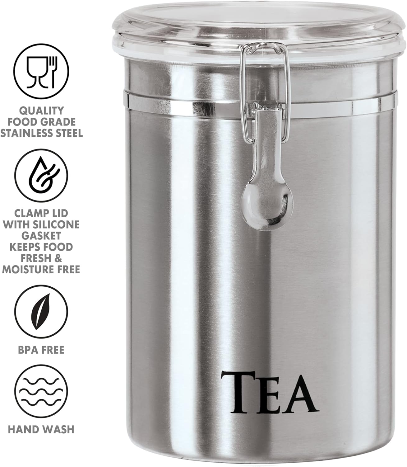 Oggi Stainless Steel Tea Canister 62 fl oz - Airtight Clamp Lid, Clear See-Thru Top - Ideal for Tea Bag, Loose Tea, Kitchen Storage, Pantry Storage. Large Size 5" x 7.5".