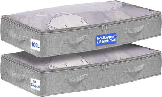 punemi Extra Large Under Bed Storage Containers (Non-Rigid) - 2-Pack, 20x40x7.5in Tall Storage Bins with Clear Lids - Ideal for Blankets, Comforters & Clothes - Long Storage for College Dorm Rooms