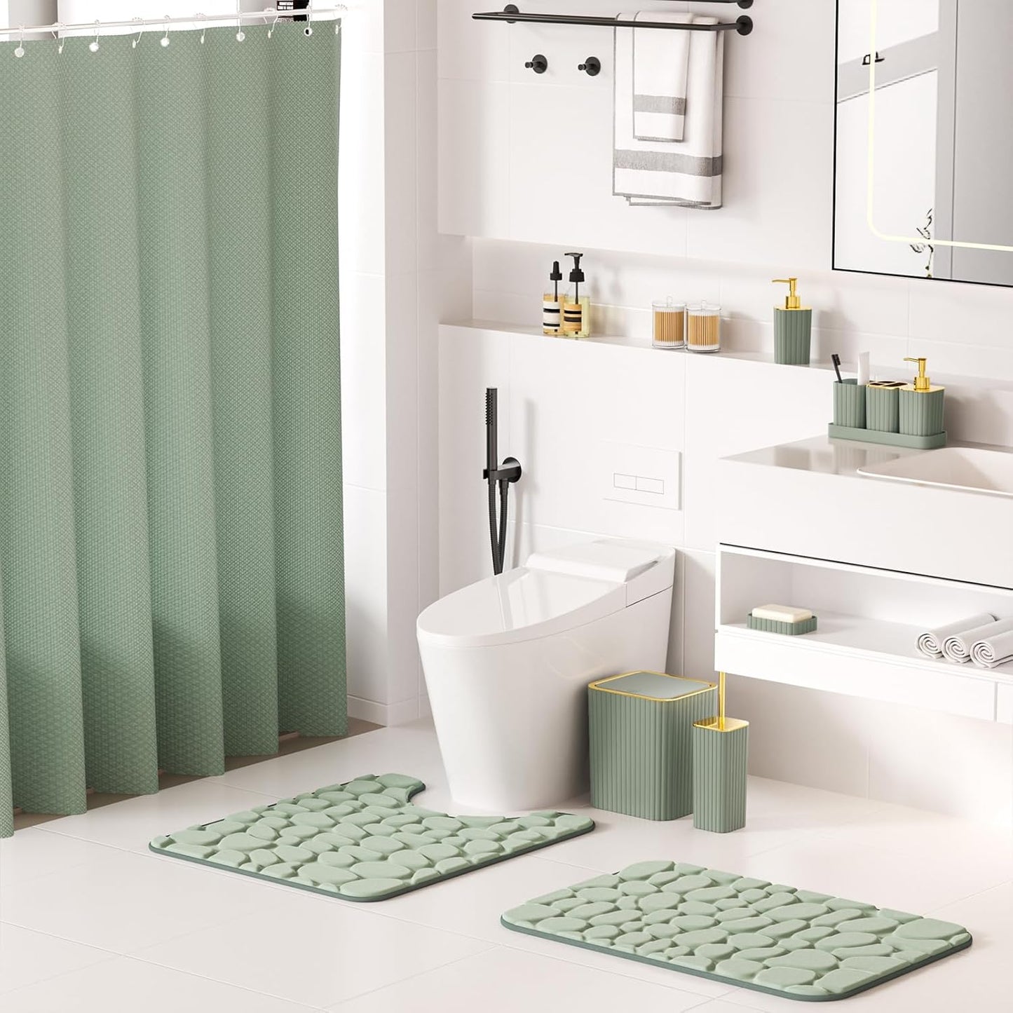 Bathroom Accessories Set - 25PC Sage Green Bathroom Set, Bathroom Set with Shower Curtain and Rugs, Sage Green Shower Curtain Set, Bathroom Accessory Set, Trash Can & Soap Dispenser