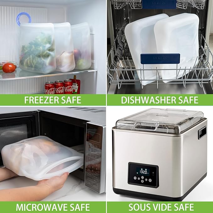 100% Silicone Gallon Freezer Bags, Extra Large Reusable 1 Gallon Silicone Storage Bags Stand-Up Zip-Lock Leakproof for Bulk Food & Large Portions, Freezer Microwave Sous Vide Dishwasher Safe, 2 Pack